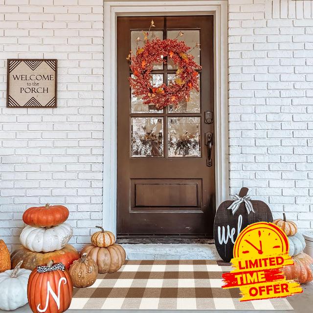 Fall Front Door Mat Buffalo Plaid Outdoor Rug Farmhouse Brown and White Buffalo Check Rug Layered Welcome Door Mat for Front Porch