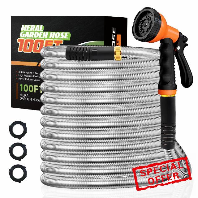 Besiter Garden Hose 100FT Stainless Steel Water Hose with 10 Functions Adjustable Spray Nozzle