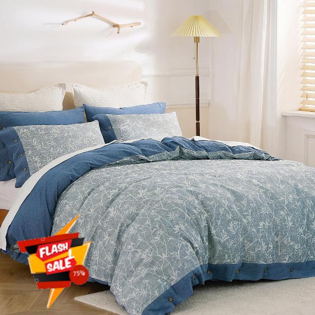 Grassix Linen Duvet Cover Queen - Linen Cotton Blend 3D Floral Jacquard Moisture Wicking Duvet Cover Set