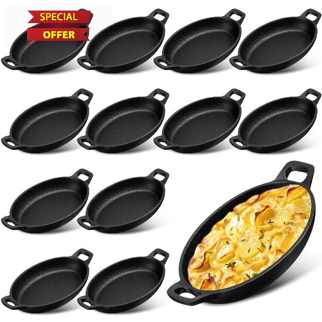 Mifoci 12 Pack 16 oz Mini Cast Iron Skillets 8.7'' x 4.7'' Small Matte Black Oval Server Iron Skillet Pan Cast Iron Plate Mini Cast Iron Pan for Kitchen Restaurant Food Barbecue
