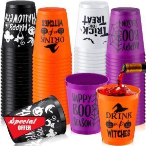 Lallisa 100 Pcs 16 oz Halloween Cups Bulk Halloween Party Plastic Cups Reusable Halloween Drinking Cups Scary Print Halloween Party Favors Decorations for Adults Kids (Terrible)