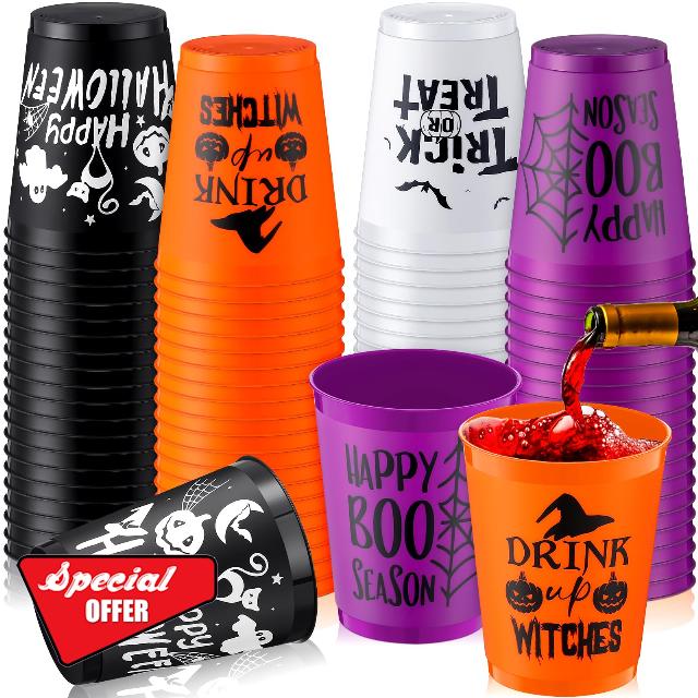 Lallisa 100 Pcs 16 oz Halloween Cups Bulk Halloween Party Plastic Cups Reusable Halloween Drinking Cups Scary Print Halloween Party Favors Decorations for Adults Kids (Terrible)