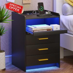 FREDEES Nightstand with Wireless Charging Station Bedside Table with RGB Light & Human Sensor Design 3 Drawers LED Modern Night Stand End Table for Bedroom Livingroom Office- Black