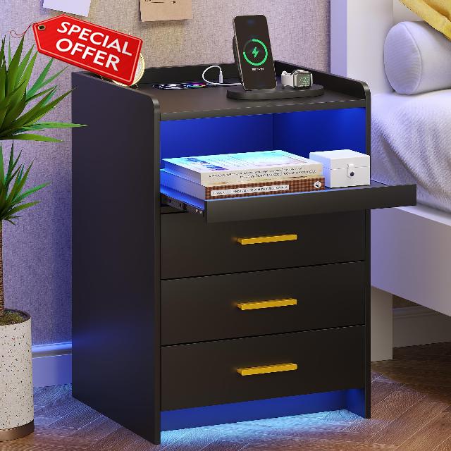 FREDEES Nightstand with Wireless Charging Station Bedside Table with RGB Light & Human Sensor Design 3 Drawers LED Modern Night Stand End Table for Bedroom Livingroom Office- Black