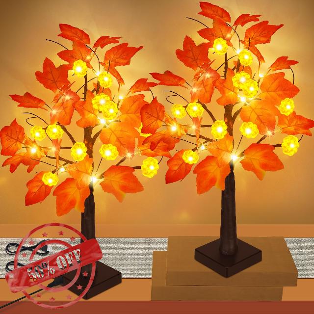 Fall Decorations for Home- 2 Pack 24 inch Prelit Fall Artificial Tree USB & Battery Powered Timer Function