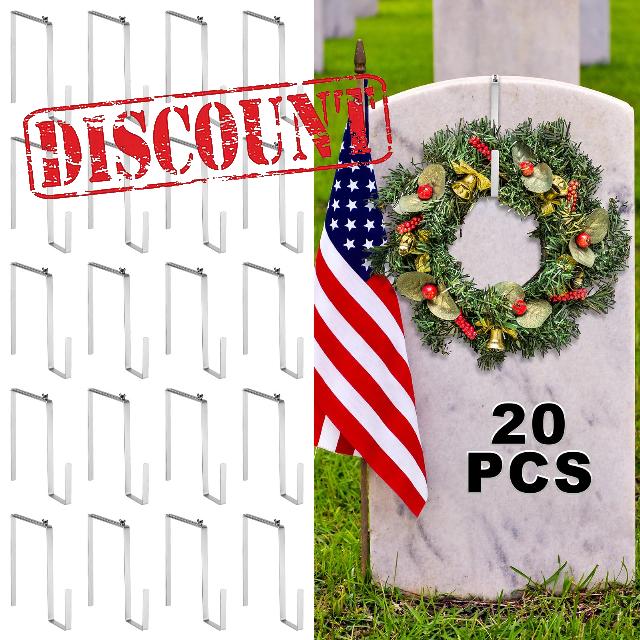 Hicarer 20 Pcs Christmas Headstone Wreath Hanger Adjustable Cemetery Tombstone Wreath Holder Gravestone Aluminum Wreath Hook for Grave Marker Memorial Day Decorations