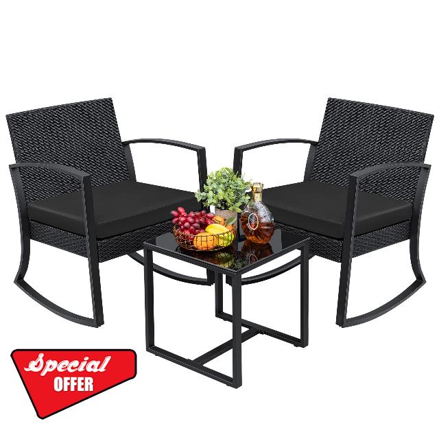 Greesum 3 Pieces Outdoor Furniture Set Patio Bistro Rocking Chairs with Glass Coffee Table for Pool Beach Backyard Balcony Porch Deck Garden