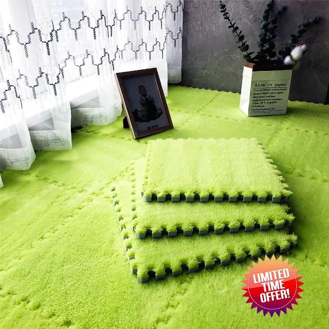 easycustomerlee 12pcs Interlocking Carpet Shaggy Soft EVA Foam Mats Fluffy Rugs Protective Floor Tiles Exercise Play Mats for Children Kids Room Home Parlor Bedroom (Green)