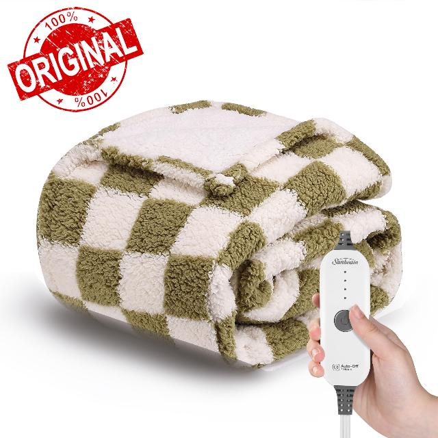 Sunbeam Printed Royal Sherpa Foot Pocket Heated Throw Electric Blanket