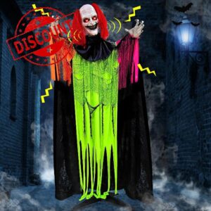 [Sound Activated] 72 Inch Large Animatronic Clown Ghost Halloween Outdoor Decoration Standing Talking Clown Life Size with Glowing Red Eyes&Scary Laughter Halloween Haunted House Props Yard Lawn Decor