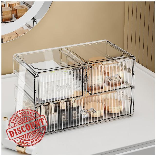 COMVTUPY Clear Makeup Organizer with Acrylic Drawers - Ideal Makeup Organizer for Vanity or Dresser with Clear Storage Drawers