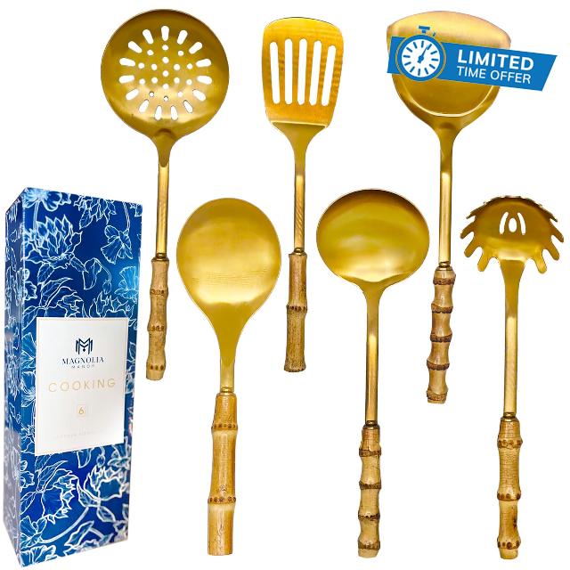 Bamboo Stainless Steel Cooking Tools Utensils Stainless - Brass/Gold Cooking and Serving Utensils - Gold Kitchen Utensils - Bamboo Wood Handled Gold Kitchen Utensils For Gold Kitchen