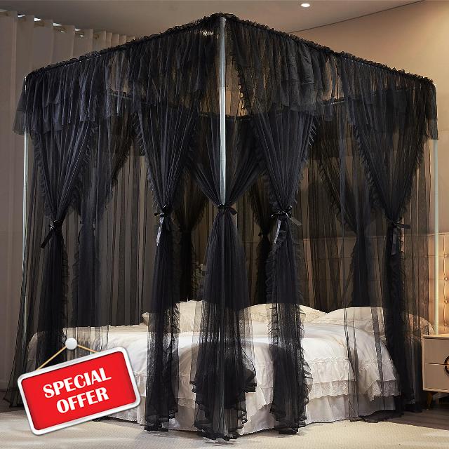 AIOOO 4 Corners Post Princess Curtains Bed Canopy for Girls 8 Panels Curtain- Double Layer Sheer Mesh Canopies Drapes Girls Room Decor (8P-Black/Black