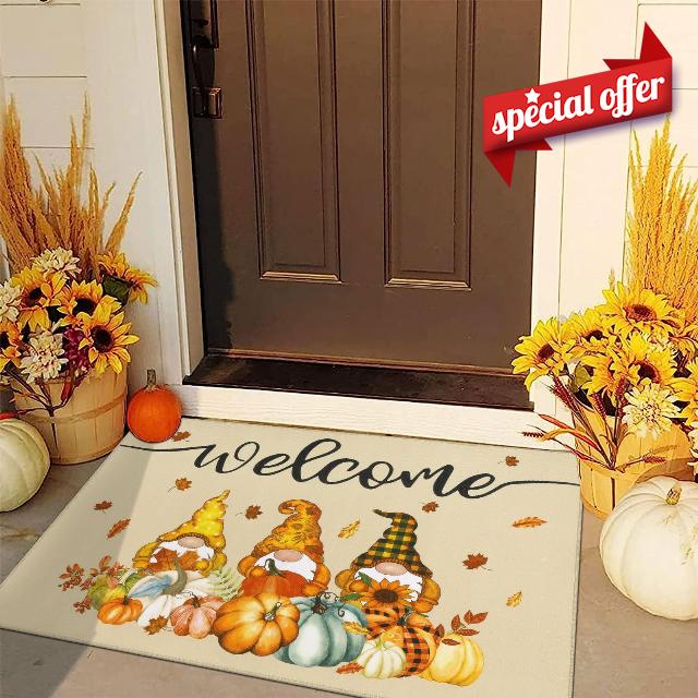 Ileading Large Welcome Gnome Door Mat 32 x 48 Inch Low Profile Fall Front Door Mat Non Slip Indoor Floor Mat Thanksgiving Pumpkin Decorative Doormat for Indoor Outdoor Entrance Floor