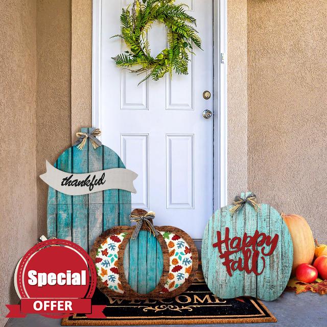 Kigley Set of 4 Fall Decorations for Home Outdoor Wood Porch Standings Pumpkin Decor Thanksgiving Decorations Welcome Home Sign with Happy Fall Lettered for Front Door