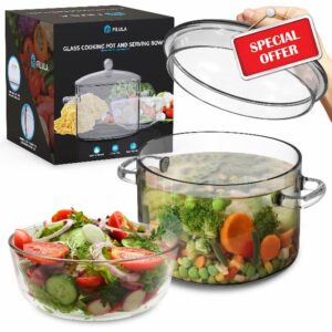 FILULA 64oz Glass Pots For Cooking on Stove - Clear Pots for Cooking with Serving Bowl included as a Set - Glass Simmer Pot For Stove Top - Versatile Glass Saucepan with Cover for Cooking and Serving