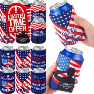 Tenceur 48 Pcs Military Veteran Can Cooler Sleeves Collapsible Beverage Cooler Sleeves Neoprene American Flag Bottle Cup Insulator Reusable Gifts for Veterans for Can Bottle