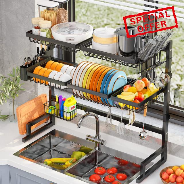 Over Sink Dish Drying Rack (Expandable Height/Length) Snap-On Design Large Dish Drainer Stainless Steel Storage Counter Organizer (31-39.5L x 12W x 34-38H (inches))