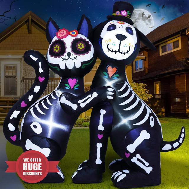 Funflatable 6 FT Halloween Inflatables Skeleton Black Cat and Dog Day of The Dead Outdoor Decorations