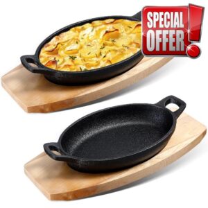 Mifoci 2 Sets Cast Iron Skillet with Wooden Base Mini Cast Iron Fajita Plates Cast Iron Baker's Skillet Matte Black Small Cast Iron Pan for Kitchen Restaurant Barbecue Dinner