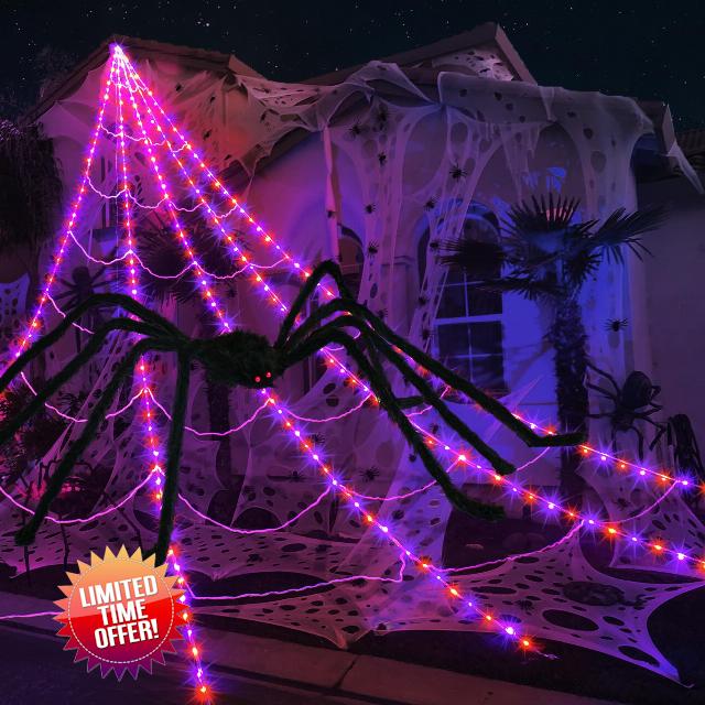 Spider Webs Halloween Decorations Outdoor 290LED Halloween Spider Web Lights Decoration with 78.7" Large Spider & 3.53oz Stretch Cobweb 23Ft Giant Lighted Web with 8 Modes (Purple & Orange)