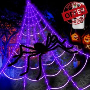 Spider Webs Halloween Decorations Lights - Outdoor Battery Operated Purple Halloween String Lights with 8 Modes Remote Control 125 LEDs 16.4Ft Spiderweb