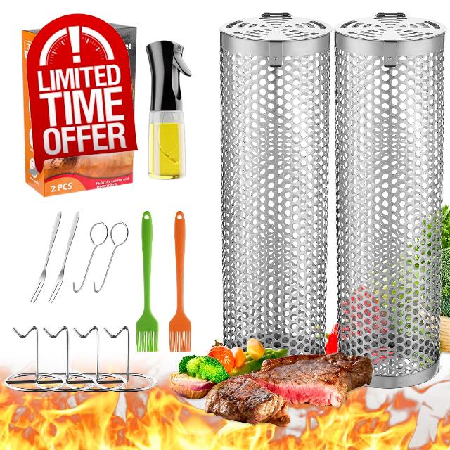 Grill Basket - Outdoor Rolling BBQ Basket - 2 Pcs Stainless Steel Grill Mesh