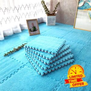 easycustomerlee 12pcs Interlocking Carpet Shaggy Soft EVA Foam Mats Fluffy Rugs Protective Floor Tiles Exercise Play Mats for Children Kids Room Home Parlor Bedroom (Blue)