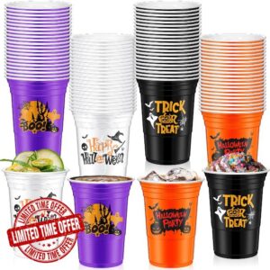 Uiifan 60 Pcs Disposable Halloween Cups 16oz Happy Halloween Plastic Cups Reusable Plastic Cups Halloween Party Cups Drinking Cups Spooky Halloween Design for Halloween Party (Multi Colors