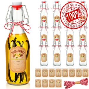 Uiifan 12 Pcs Swing Top Glass Bottles 8 oz Clear Glass Beer Bottles with Caps 12 Pcs Vanilla Extract Labels and Cotton Twines for Home Brewing Beer Homemade Kombucha Soda Fermentation Party Supply