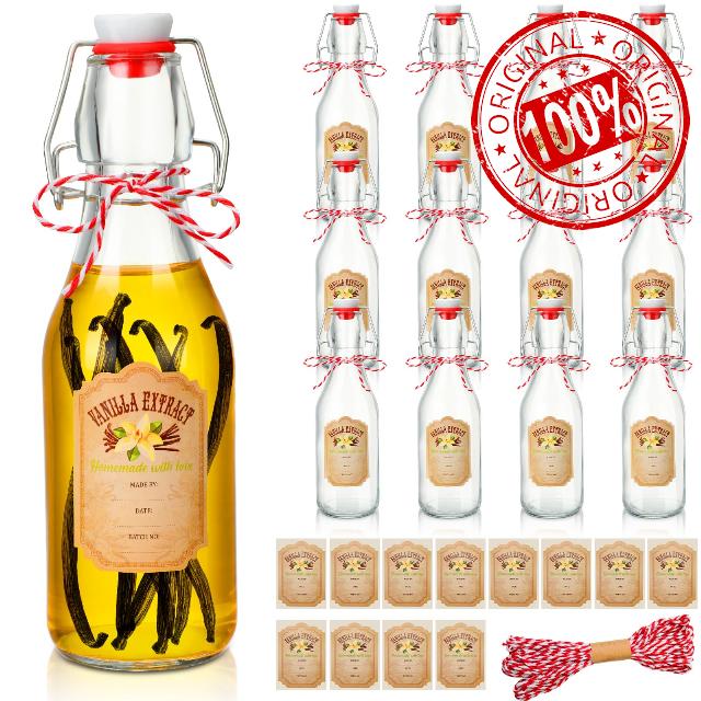 Uiifan 12 Pcs Swing Top Glass Bottles 8 oz Clear Glass Beer Bottles with Caps 12 Pcs Vanilla Extract Labels and Cotton Twines for Home Brewing Beer Homemade Kombucha Soda Fermentation Party Supply