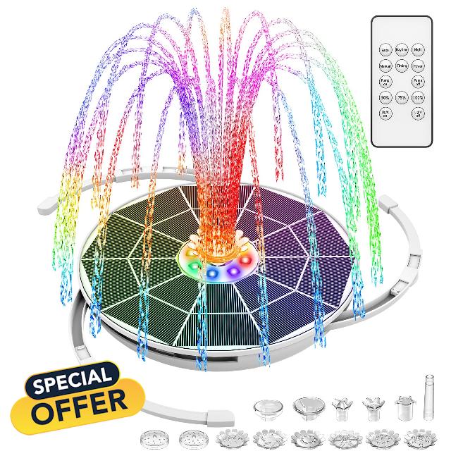 AISITIN 6.5W Solar Fountain with LED Colorful Lights & 3000mAh Battery