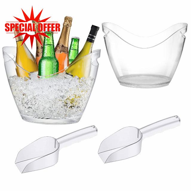 Plastic Clear Ice Bucket with Ice Scoops Clear Acrylic Ice Tub Plastic Wine Bucket Party Beverage Chiller Bin Parties Ice Bucket for Wine Champagne or Beer (3 Pieces