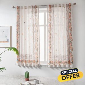 MYSKY HOME Boho Curtains for Bedroom 63 Inch Long Linen Look Semi Sheer Back Tab Drapes Flower Bohemian Style Texture Window Treatment for Living Room Decoration