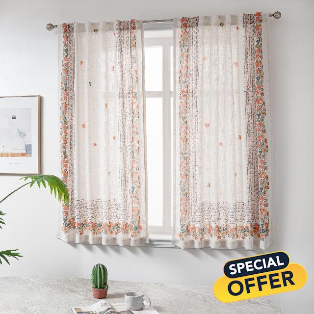 MYSKY HOME Boho Curtains for Bedroom 63 Inch Long Linen Look Semi Sheer Back Tab Drapes Flower Bohemian Style Texture Window Treatment for Living Room Decoration