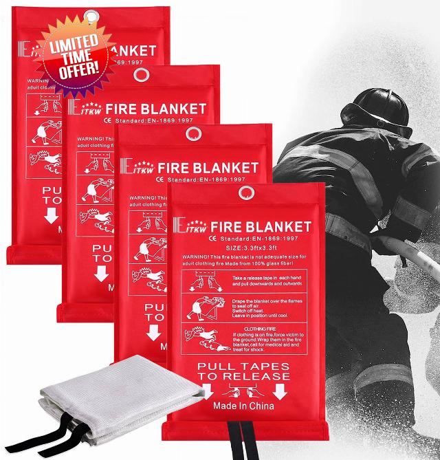 Fire Blanket for Home and Kitchen - Emergency Fire Blanket Extinguishers for House Prepared Fire Blankets Home Safety Hero Fireproof Fire Retardant Blankets Grease Warehouse Office 3.3ft x 3.3ft 4PACK