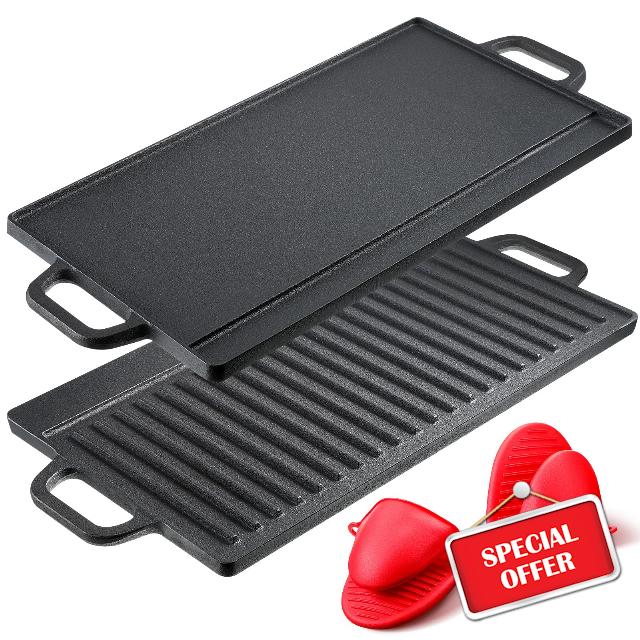 Mifoci 19.7”x9.1” Cast Iron Griddle with Handles 2 in 1 Reversible Grill Plate with Silicone Heat Protection Gloves Flat Top Griddle Cast Iron Grill Pan for Stovetop Oven Open Fire (1 Set