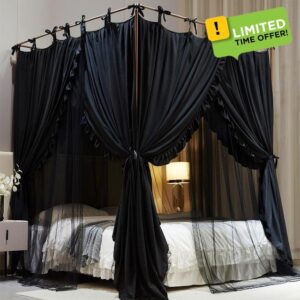 AIOOO 4 Corners Post Princess Curtain Bed Canopy Double Layer Cozy Mosquito Net Mesh and Cloth for Girls Adults Bedroom Decoration (Double-Black/Black
