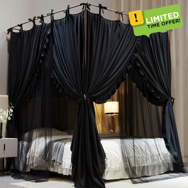 AIOOO 4 Corners Post Princess Curtain Bed Canopy Double Layer Cozy Mosquito Net Mesh and Cloth for Girls Adults Bedroom Decoration (Double-Black/Black
