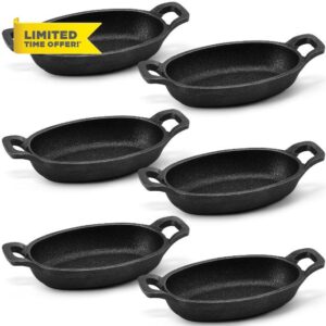Uiifan Set of 6 Cast Iron Mini Oval Serving Dish Pans Mini Cast Iron Skillet 8oz Small Oval Serving Dishes for Baking Roasting Cooking Grilling Appetizer Black Little Pans Skillets for Small Crowd