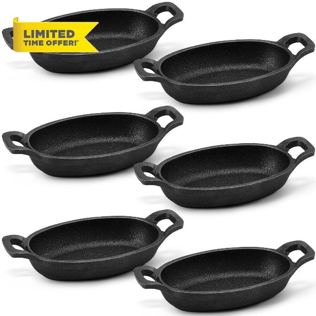 Uiifan Set of 6 Cast Iron Mini Oval Serving Dish Pans Mini Cast Iron Skillet 8oz Small Oval Serving Dishes for Baking Roasting Cooking Grilling Appetizer Black Little Pans Skillets for Small Crowd
