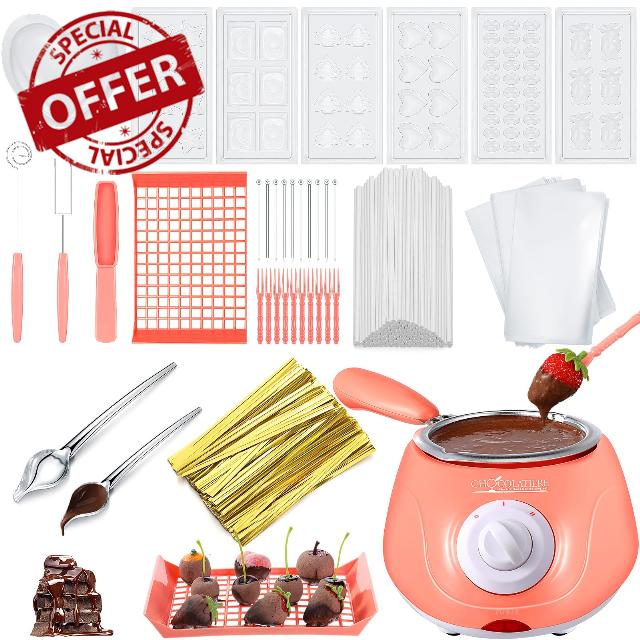 Umigy Electric Chocolate Melting Pot Gift Set Mini Fondue Fountain Pot Kit Chocolate Melting Pot with 10 DIY Mold and Accessories for Candy Chocolate Milk Cheese Candy Butter Home Making
