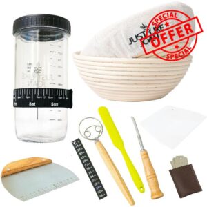 Sourdough Bread Baking Supplies Kit – Ultimate Bread Baking Kit w/ Sourdough Starter Jar & Banneton Bowl Basket Kit - Easy Cleaning Sourdough Bread Starter Kit - Ideal Bread Accessories and Tools
