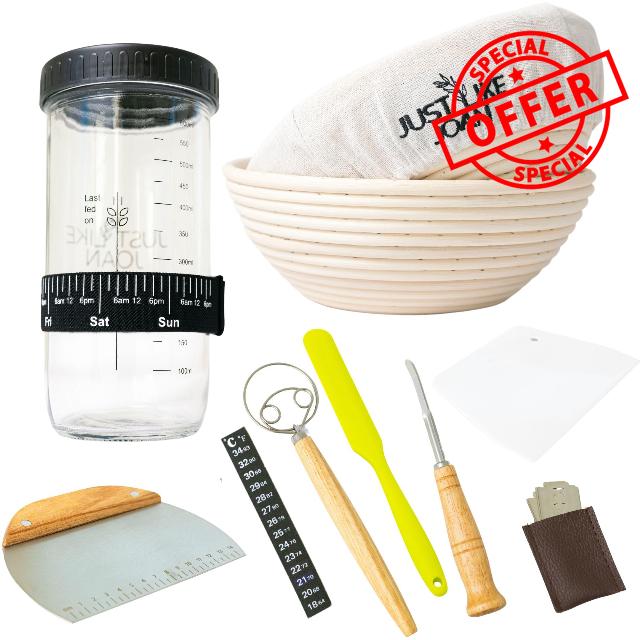 Sourdough Bread Baking Supplies Kit – Ultimate Bread Baking Kit w/ Sourdough Starter Jar & Banneton Bowl Basket Kit - Easy Cleaning Sourdough Bread Starter Kit - Ideal Bread Accessories and Tools
