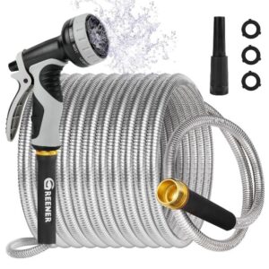 GREENER Stainless Steel Garden Hose 50ft-Heavy Duty Metal Water Hose Rust-proof Flexible Hose with 10 Functional Nozzle