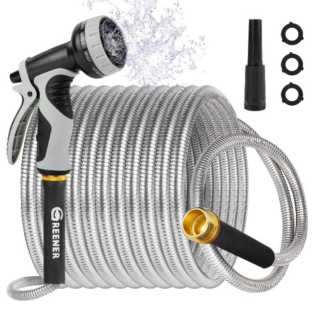 GREENER Stainless Steel Garden Hose 50ft-Heavy Duty Metal Water Hose Rust-proof Flexible Hose with 10 Functional Nozzle