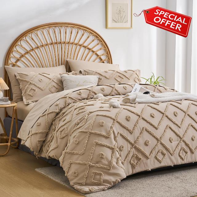 inron Khaki King Size Comforter Set Tufted Bed in a Bag King 7 Pieces
