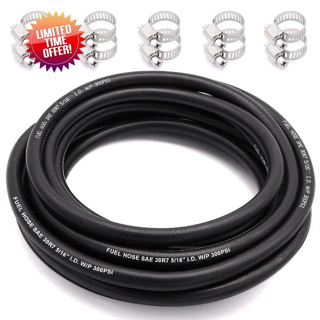 TuoLauthon NBR Rubber 5/16 Inch Fuel Hose Line SAE 30R7 25Feet 300PSI with 10Pcs Stainless Steel Clamps