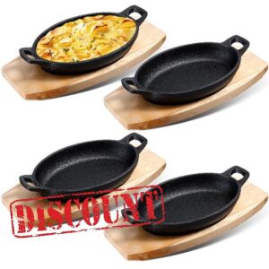 Mifoci Set of 4 Cast Iron Mini Oval Serving Dish Pans with Wooden Base 8oz Mini Cast Fajitas Iron Small Iron Skillet Dishes Black Little Pans Skillets for Baking Roasting Cooking