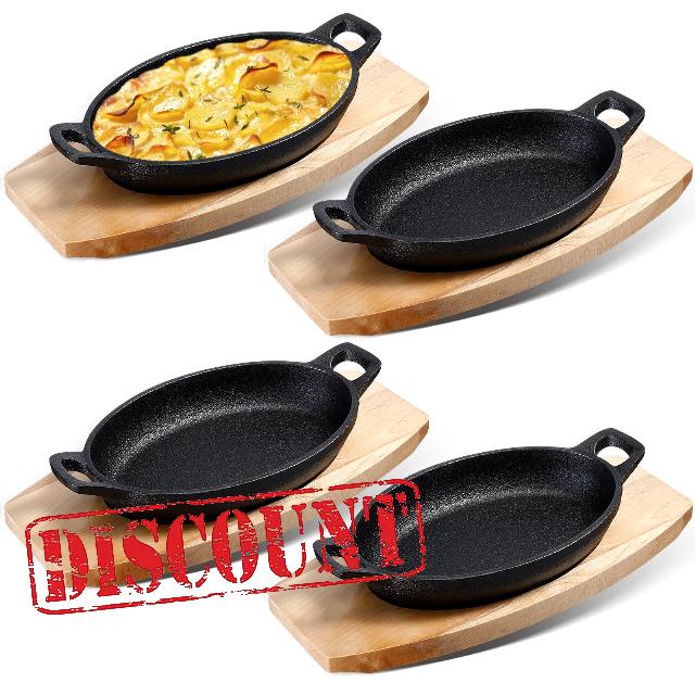 Mifoci Set of 4 Cast Iron Mini Oval Serving Dish Pans with Wooden Base 8oz Mini Cast Fajitas Iron Small Iron Skillet Dishes Black Little Pans Skillets for Baking Roasting Cooking
